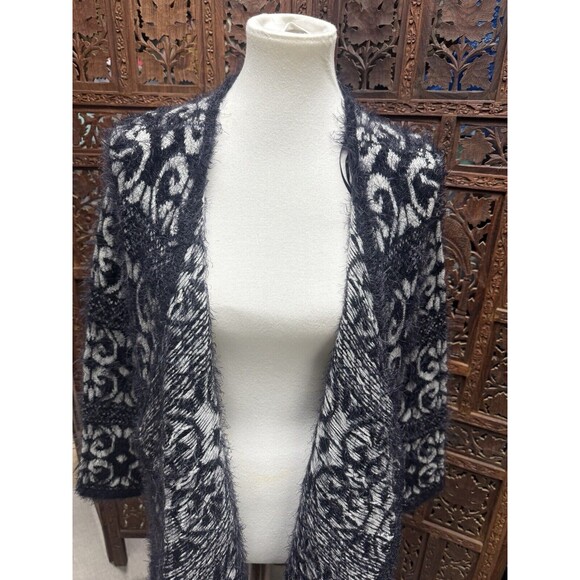 DESIGN HISTORY L Cardigan Sweater Black Open Front Knit Soft Duster Geometric - Picture 3 of 6